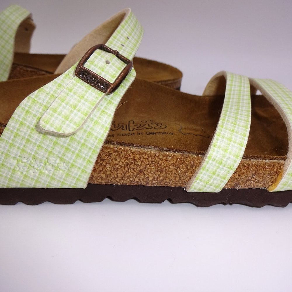 Womens Green White Plaid Birkenstock Birkis Birki's Sandals 40 9 Triple Strap - Picture 8 of 8